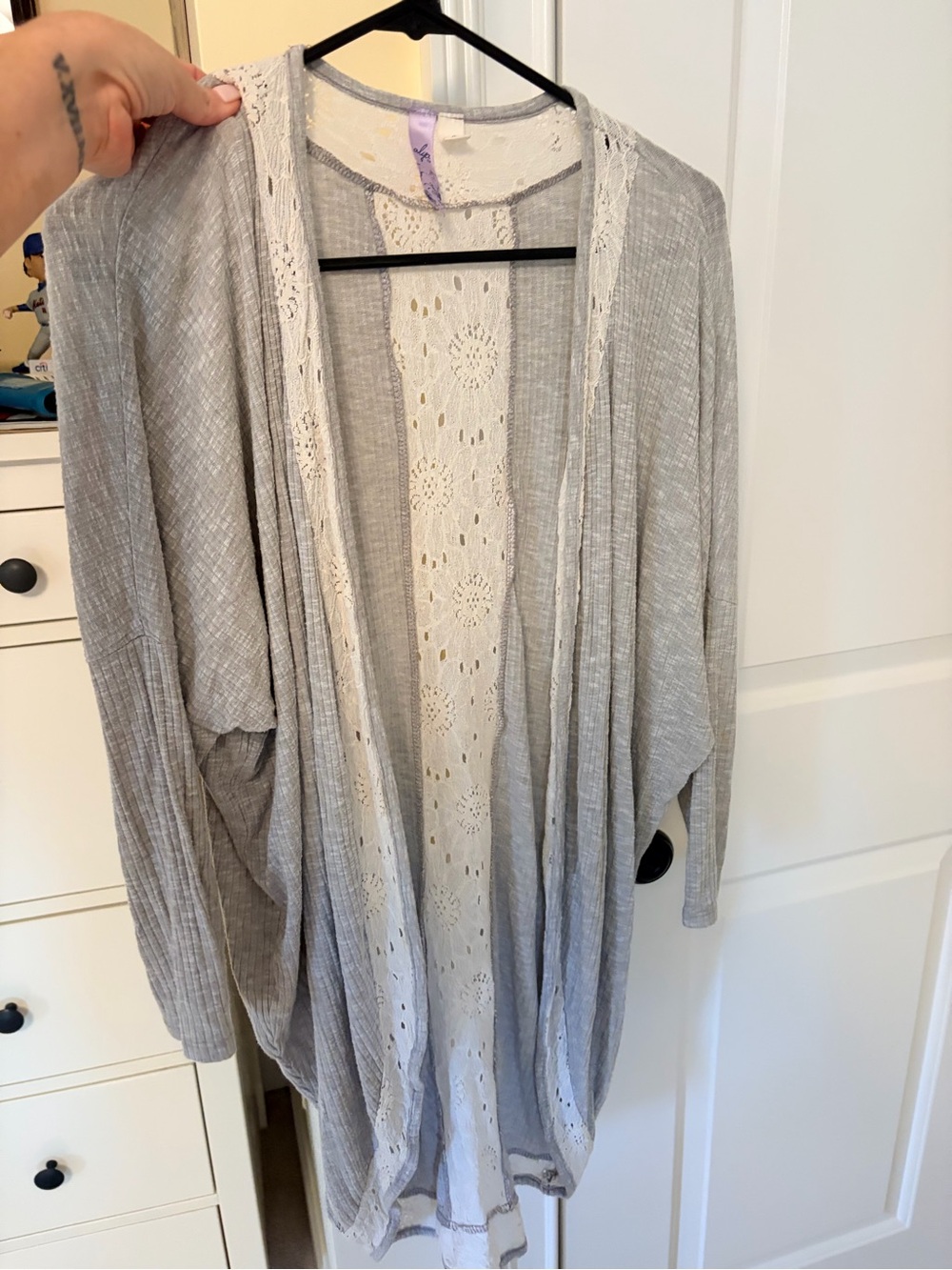 Francesca's Collections Light Gray Cardigan with Cream Crochet Trim